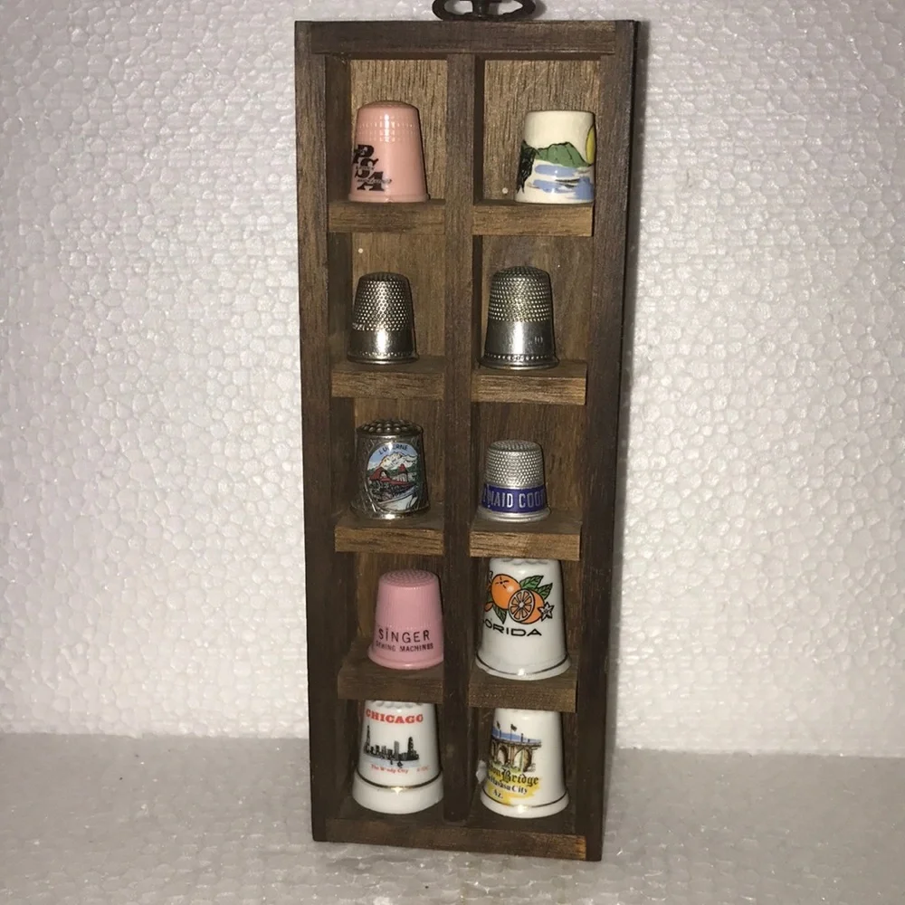 Wooden Thimble Display Case with Assorted Thimbles